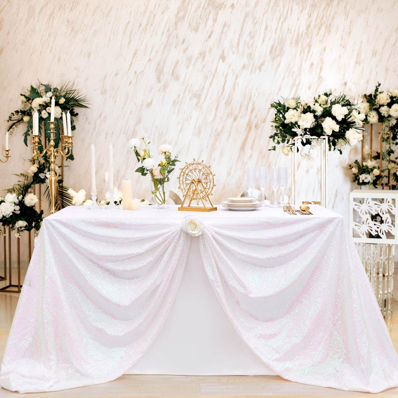B.Cool B-COOL Sequin Tablecloth White Iridescent Table Overlay Rainbow Table Cloths 90x132inch Seamless Tablecloth Sparkly Wedding Party Decorations - Image 4